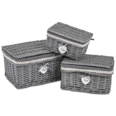 Košík s víkem, proutěná dekorace s látkou, sada 3 kusů PRT133 GR