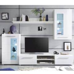Obývací stěna, bílá extra vysoký lesk / čiré sklo, HENRI