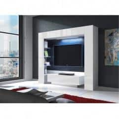 Luxusná TV a media stena, biela/biely extra vysoký lesk s LED osvetlením, MONTEREJ