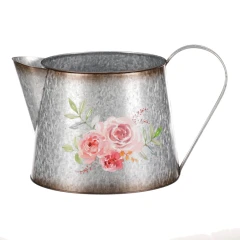 Kovový obal na květiny, tvar konve. Design s růžemi. OK6390