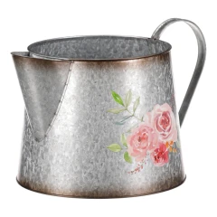 Kovový obal na květiny, tvar konve. Design s růžemi. OK6390