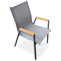 Židle zahradní šedý textilen, šedá kovová konstrukce, područky polywood v dekoru dubu AZC-S1050 GREY