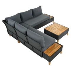 Zahradní ratanový set, akáciové dřevo, černá/šedá/přírodní, MALKOM