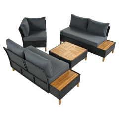Zahradní ratanový set, akáciové dřevo, černá/šedá/přírodní, MALKOM