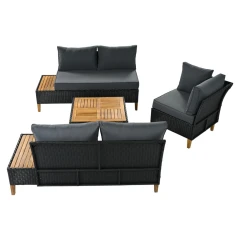 Zahradní ratanový set, akáciové dřevo, černá/šedá/přírodní, MALKOM