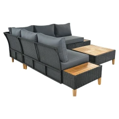 Zahradní ratanový set, akáciové dřevo, černá/šedá/přírodní, MALKOM