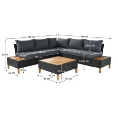 Zahradní ratanový set, akáciové dřevo, černá/šedá/přírodní, MALKOM