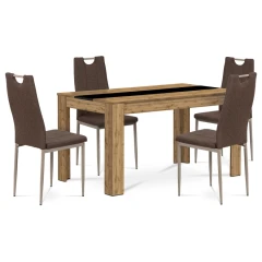 Jídelní set 1+4, stůl 138x80 cm, MDF dub wotan, židle hnědá látka, capp. lak B140WOTDCL393BR