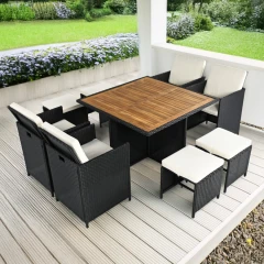 Zahradní ratanový set, akáciové dřevo, černá/krémová/přírodní, MELFORD