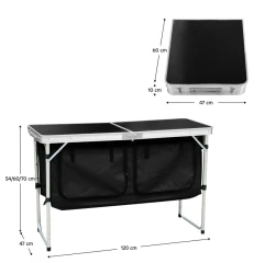 Skládací kempinkový stůl s organizérem, 120 cm, hliník/MDF, KEPI TYP 3