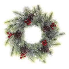 Věnec umělý - pr. 34 cm, jehličí, červené bobule a šišky UKK358