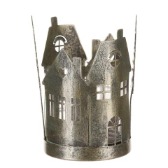 Svícen kovový, tvar domků se stromky - sklo uvnitř, barva zlatá antik