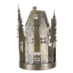 Svícen kovový, tvar domků se stromky - sklo uvnitř, barva zlatá antik