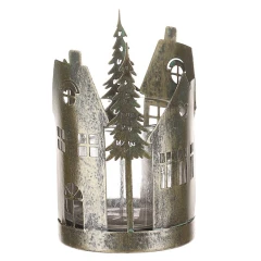Svícen kovový, tvar domků se stromky - sklo uvnitř, barva zlatá antik