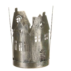 Svícen kovový, tvar domků se stromky - sklo uvnitř, barva zlatá antik