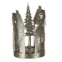 Svícen kovový, tvar domků se stromky - sklo uvnitř, barva zlatá antik
