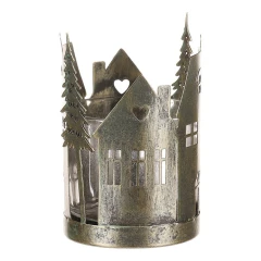 Svícen kovový, tvar domků se stromky - sklo uvnitř, barva zlatá antik