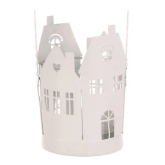 Svícen kovový, tvar domků se stromky - sklo uvnitř, barva bílá