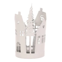 Svícen kovový, tvar domků se stromky - sklo uvnitř, barva bílá