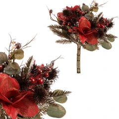Umělá kytice pozlacená - šišky, bobule, zeleň a červené květy