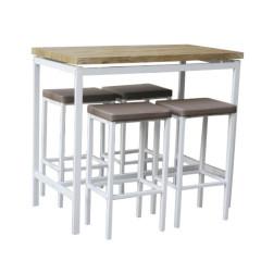 Barový jídelní set LUCERO (1 stůl + 4 židle) - bílá / dub sonoma / hnědá