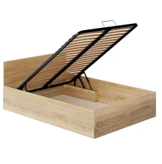 Postel s kovovým roštem a úložným prostorem, 140x200, dub sonoma, DOLI