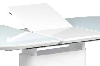 Jídelní stůl 140+40x80 cm, bílé sklo, MDF + bílý vysoký lesk, lesklý nerez AT-4020 WT