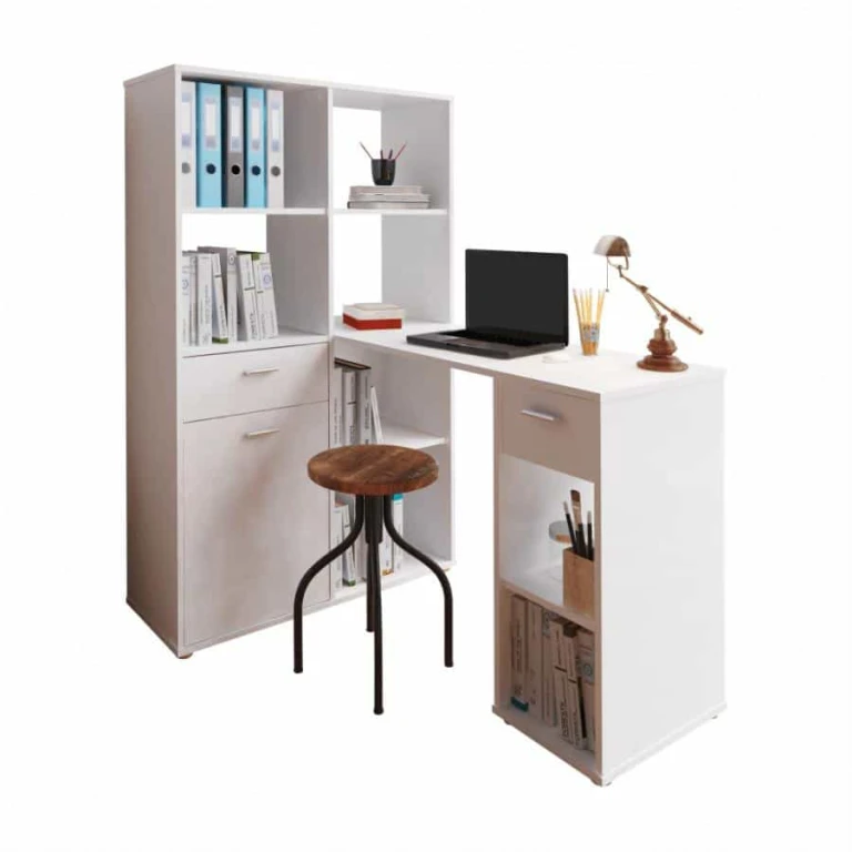 Rohový PC stůl s regálem MINESON, bílá - II.jakost B