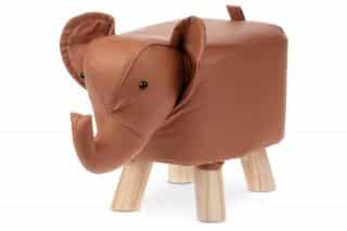 Taburet - slon, potah skořicově hnědá látka v dekoru kůže, masivní nohy z kaučukovníku v přírodním odstínu LA2012