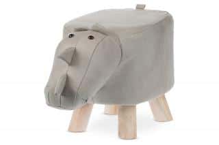 Taburet - nosorožec, potah světle šedá látka v dekoru kůže, masivní nohy z kaučukovníku v přírodním odstínu LA2015