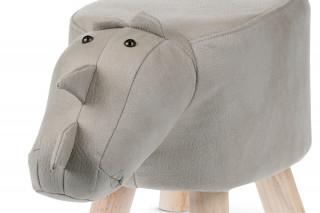 Taburet - nosorožec, potah světle šedá látka v dekoru kůže, masivní nohy z kaučukovníku v přírodním odstínu LA2015