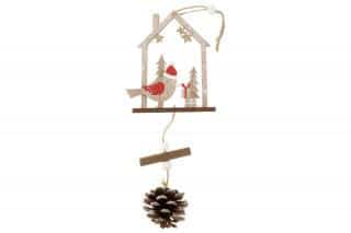 Ptáček s domečekem, vánoční dřevěná dekorace na zavěšení, v sáčku 1 kus. AC3014