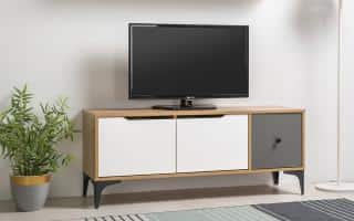 Televizní stolek DRILL – dub zlatý/šedá/bílá