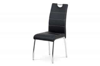 Jídelní židle, potah černá ekokůže, bílé prošití, kovová čtyřnohá chromovaná podnož HC-484 BK
