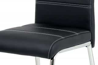 Jídelní židle, potah černá ekokůže, bílé prošití, kovová čtyřnohá chromovaná podnož HC-484 BK