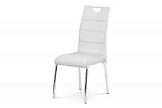 Jídelní židle, potah bílá ekokůže, černé prošití, kovová čtyřnohá chromovaná podnož HC-484 WT