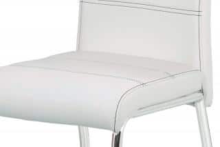 Jídelní židle, potah bílá ekokůže, černé prošití, kovová čtyřnohá chromovaná podnož HC-484 WT