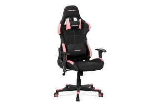 Herní křeslo e-racer, houpací mechanismus, kombinace černé látky a růžové ekokůže, opěrák 90°-180°, plastový kříž KA-F02 PINK