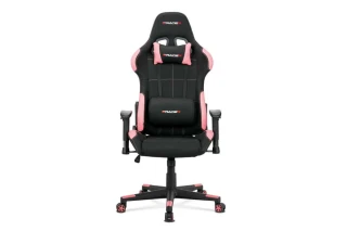Herní křeslo e-racer, houpací mechanismus, kombinace černé látky a růžové ekokůže, opěrák 90°-180°, plastový kříž KA-F02 PINK