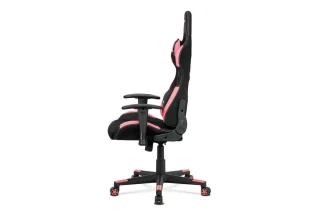Herní křeslo e-racer, houpací mechanismus, kombinace černé látky a růžové ekokůže, opěrák 90°-180°, plastový kříž KA-F02 PINK