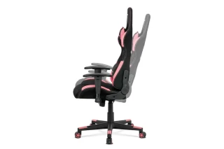Herní křeslo e-racer, houpací mechanismus, kombinace černé látky a růžové ekokůže, opěrák 90°-180°, plastový kříž KA-F02 PINK