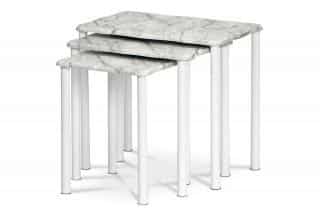 Přístavné a odkládací stolky, set 3 ks, deska MDF, dekor šedobílý mramor, kovové nohy, bílý matný lak 20658-04 WT