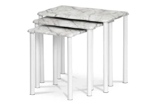 Přístavné a odkládací stolky, set 3 ks, deska MDF, dekor šedobílý mramor, kovové nohy, bílý matný lak 20658-04 WT