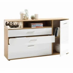 Komoda, bílá vysoký lesk HG / dub artisan REVEL