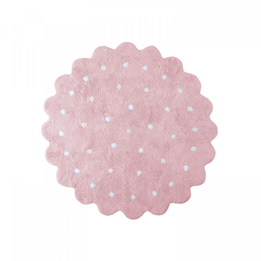Lorena Canals Bio koberec kusový, ručně tkaný – Little Biscuit bílá/růžová 140x140 kytka