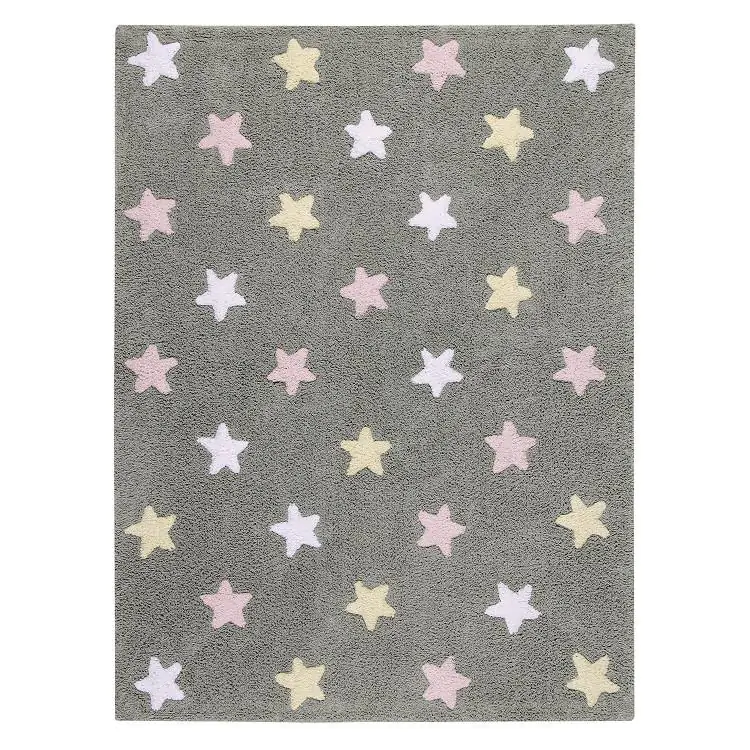 Lorena Canals Pro zvířata: Pratelný koberec Tricolor Stars bílá, žlutá, šedá, růžová 120x160 cm
