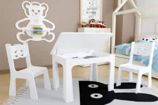 Dětský stůl s úložným prostorem a židlemi Medvídek - bílý DSBH0618