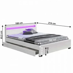 Manželská postel s úložným prostorem, RGB LED osvětlení, bílá ekokůže, 160x200, CLARETA