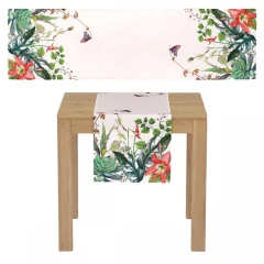 Běhoun s motivem zelených listů, barva bílá, 40x150 cm,100 % polyester. UBR029