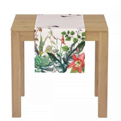 Běhoun s motivem zelených listů, barva bílá, 40x150 cm,100 % polyester. UBR029
